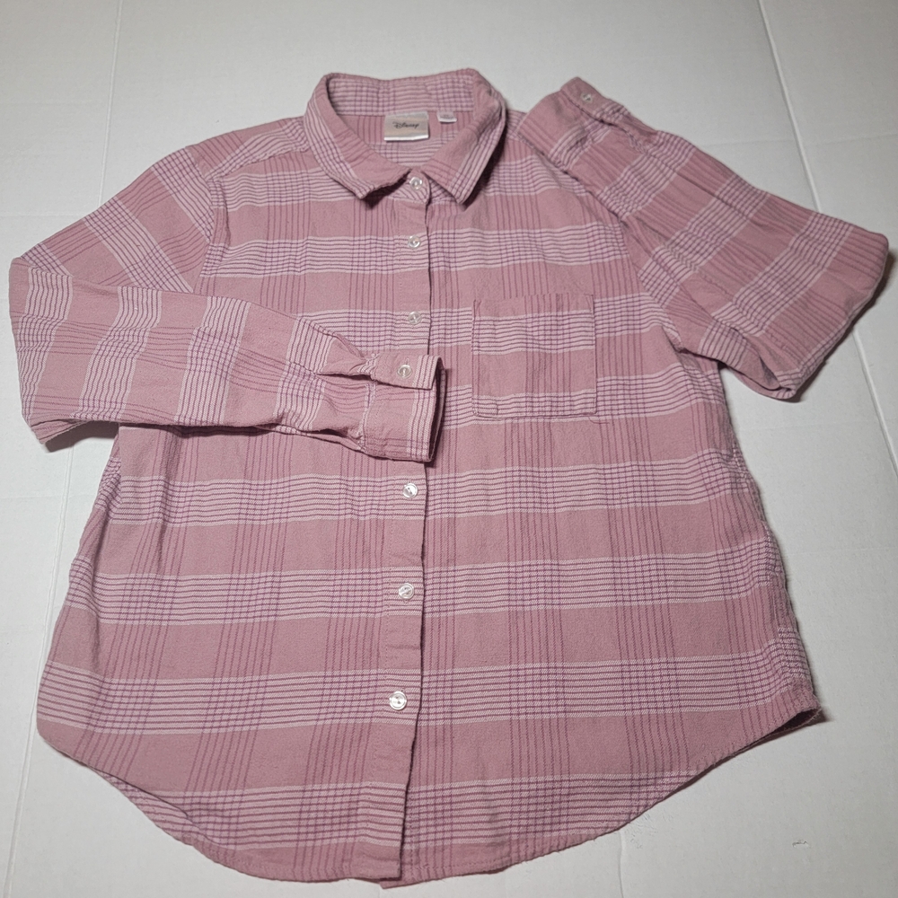 Disney Pink Plaid‎ Womens Junior Button-Down Long Sleeve Size SM